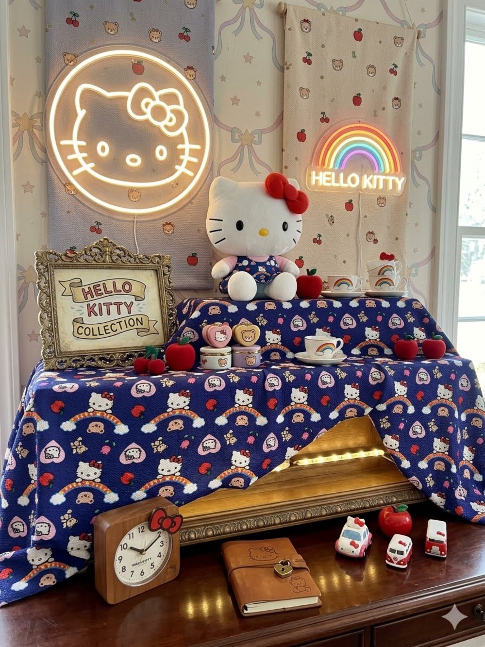 Vintage Hello Kitty Sanrio Fabric Novelty Print Nvy Blue Polyester Deadstock 1.7